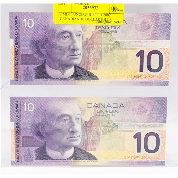 2 MINT UNCIRCULATED 2002 CANADIAN 10 DOLLAR BILLS