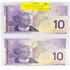 Image 1 : 2 MINT UNCIRCULATED 2002 CANADIAN 10 DOLLAR BILLS