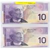 Image 1 : 2 MINT UNCIRCULATED 2002 CANADIAN 10 DOLLAR BILLS