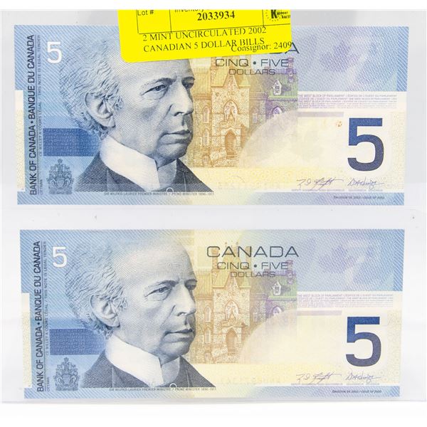 2 MINT UNCIRCULATED 2002 CANADIAN 5 DOLLAR BILLS