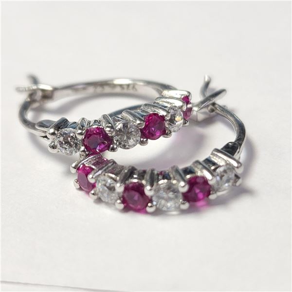 BZ1193-64 SILVER CREATED RUBY HOOP EARRINGS