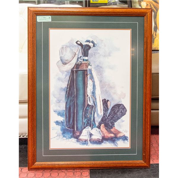 LARGE FRAMED PRINT OF COWBOY GEAR & GOLF CLUBS