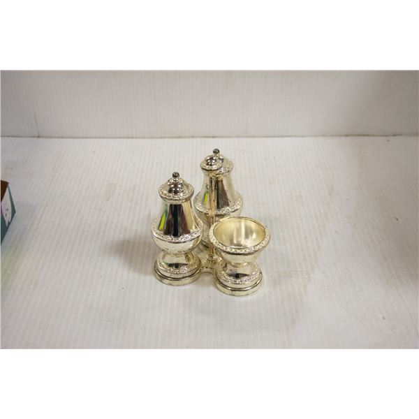 SILVER PLATED SALT/PEPPER SHAKER SET W/STAND ENG.