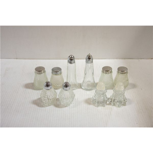 5 SETS OF GLASS/CRYSTAL SALT/PEPPER SHAKERS