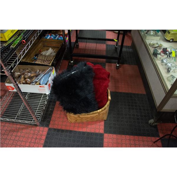 BLACK FAUX FUR AREA RUG & RED FLEECE THROW IN BASK