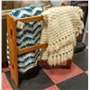 Image 1 : DOUBLE WOOD BLANKET STAND W/ 2 HANDMADE AFGHANS