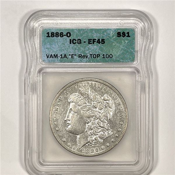 1886-O VAM-1A E Rev Morgan Silver Dollar ICG-EF45