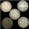 Image 2 : (5) Misc 3 Cents LIGHTLY CIRCULATED