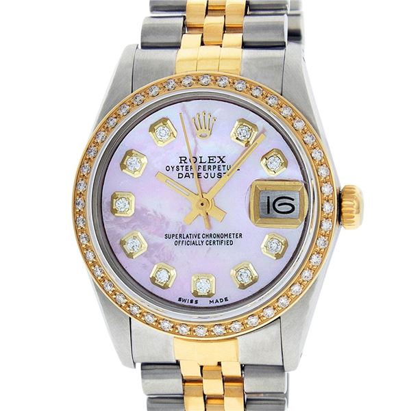Rolex Womens MIdsize 31mm 2 Tone Pink MOP Diamond Datejust Wristwatch