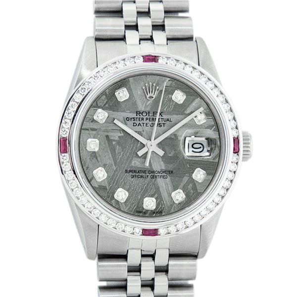 Rolex Mens SS Meteorite Diamond & Ruby Channel Set Datejust Wristwatch