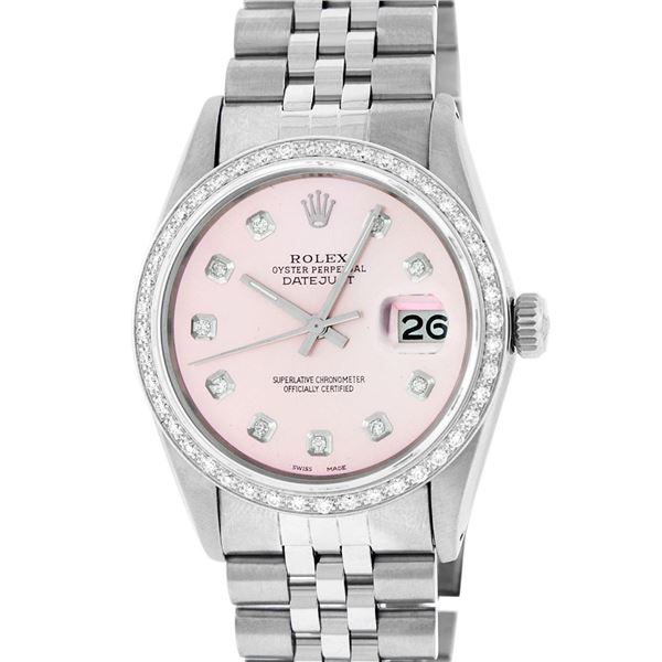 Rolex Mens Stainless Steel Pink Diamond Datejust Wristwatch