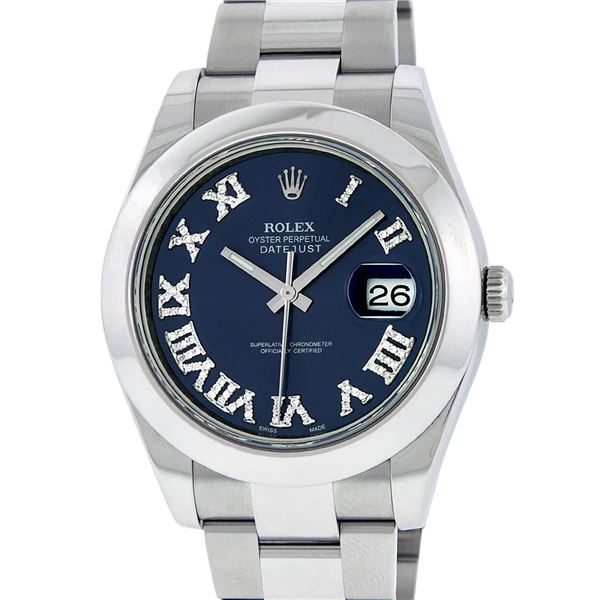 Rolex Mens SS 41MM Blue Roman Diamond Datejust 2 Oyster Band Wristwatch