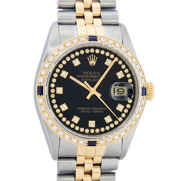 Rolex Mens 2 Tone Black String Diamond & Sapphire 36MM Datejust Wristwatch