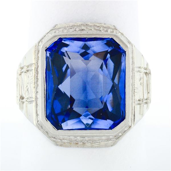 Antique 14k White Gold Large Rectangle Blue Stone Hand Engraved Statement Ring