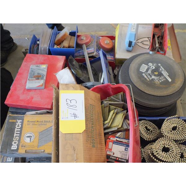 Pallet OF Grinding Wheels, Nails, Drill Bit Sets, Saw Blades