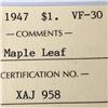 Image 3 : 1947 Maple King George VI Canadian Silver Dollar ICCS-VF-30