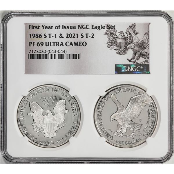 1986-S & 2021-S First Year of Issue Proof Silver Eagle Set NGC PF69 Ultra Cameo