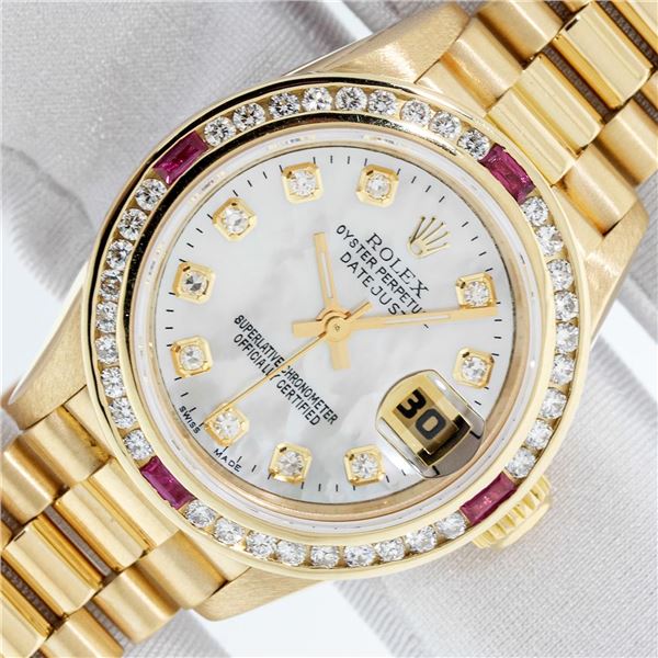 Rolex Ladies 18K Yellow Gold MOP Diamond & Ruby President Datejust Wristwatch