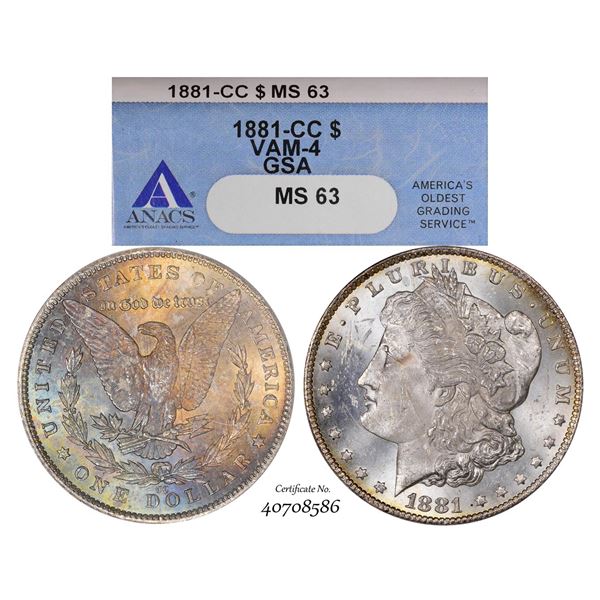 1881-CC VAM-4 $1 Morgan Silver Dollar Coin ANACS MS63 GSA Amazing Toning