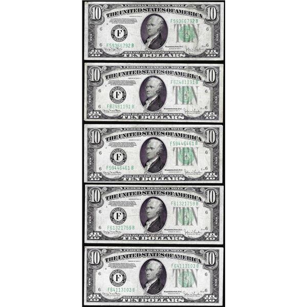 Lot of (5) 1934D $10 Federal Reserve Notes Atlanta