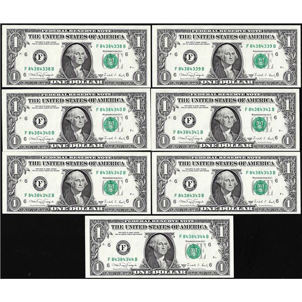 Lot of (7) Consecutive Uncirculated 1988A $1 Federal Reserve Notes Atlanta