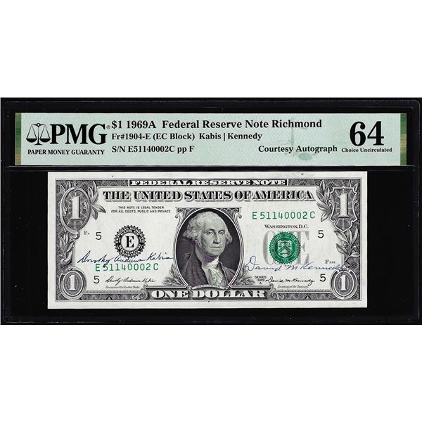 1969A $1 Federal Reserve Note PMG Choice Uncirculated 64 Dual Courtesy Autograph