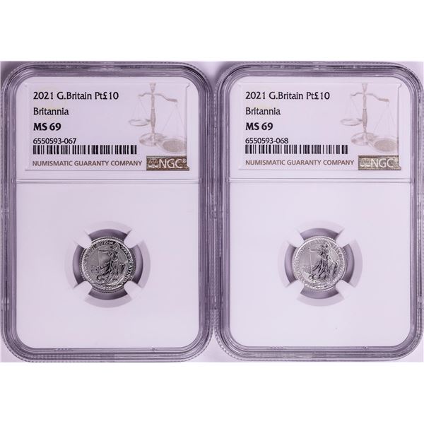 Lot of (2) 2021 Great Britain 10 Pounds Britannia 1/10oz Platinum Coins NGC MS69