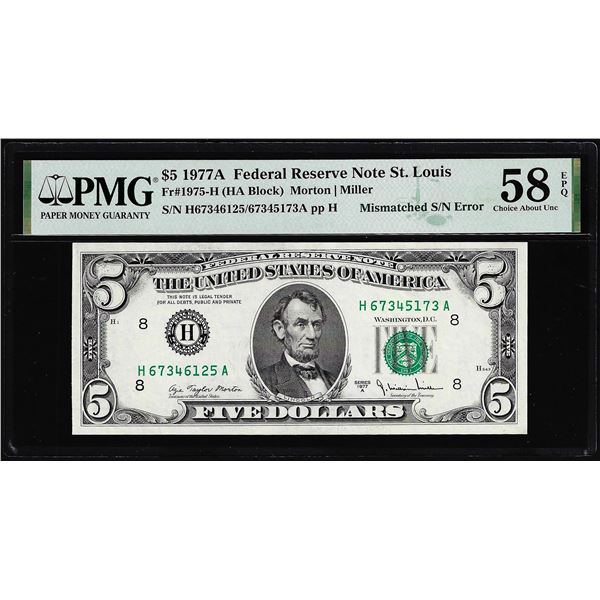1977A $5 Federal Reserve Mismatched Serial Number Error Note PMG Ch. About Unc. 58EPQ