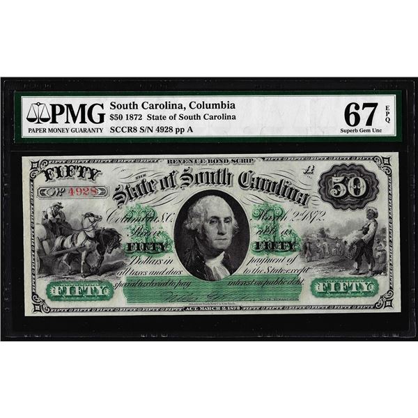1872 $50 State of South Carolina Obsolete Note PMG Superb Gem Unc 67EPQ