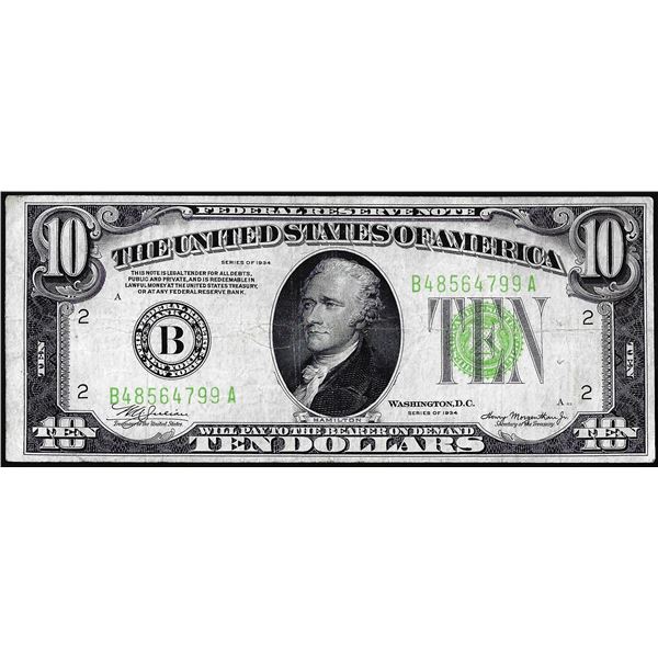 1934 $10 Federal Reserve Note New York Light Green Seal