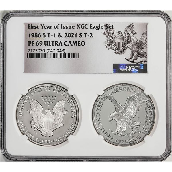 1986-S & 2021-S First Year of Issue Proof Silver Eagle Set NGC PF69 Ultra Cameo