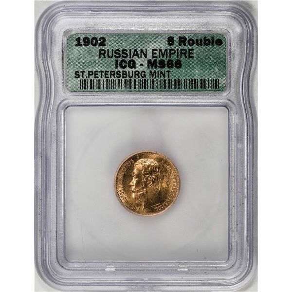 1902 Russian Empire 5 Rouble Gold Coin ICG MS66