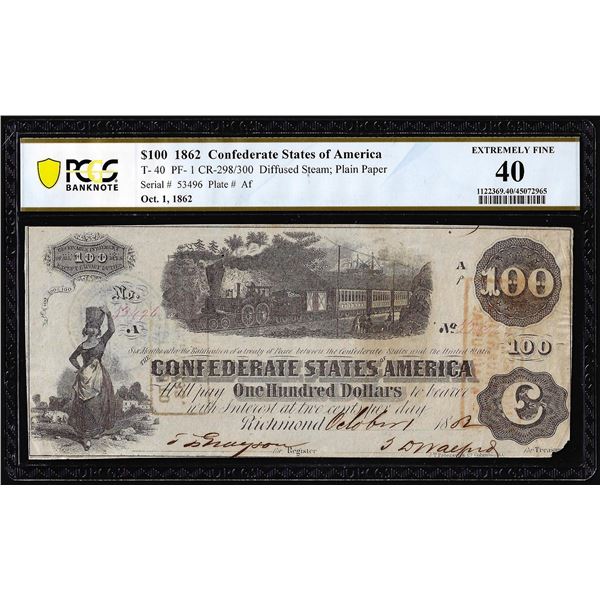 1862 $100 Confederate States of America Note T-40 PCGS Extremely Fine 40