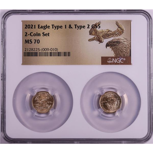 Set of 2021 Type 1 & Type 2 $5 American Gold Eagle Coins NGC MS70