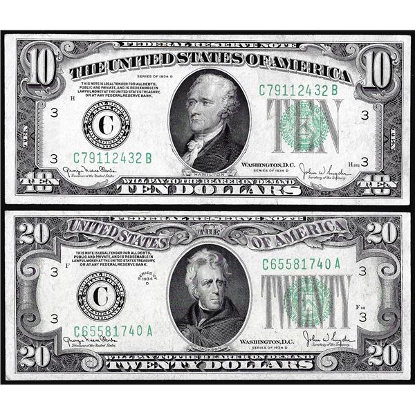 Lot of 1934D $10 & $20 Federal Reserve Notes Philadelphia