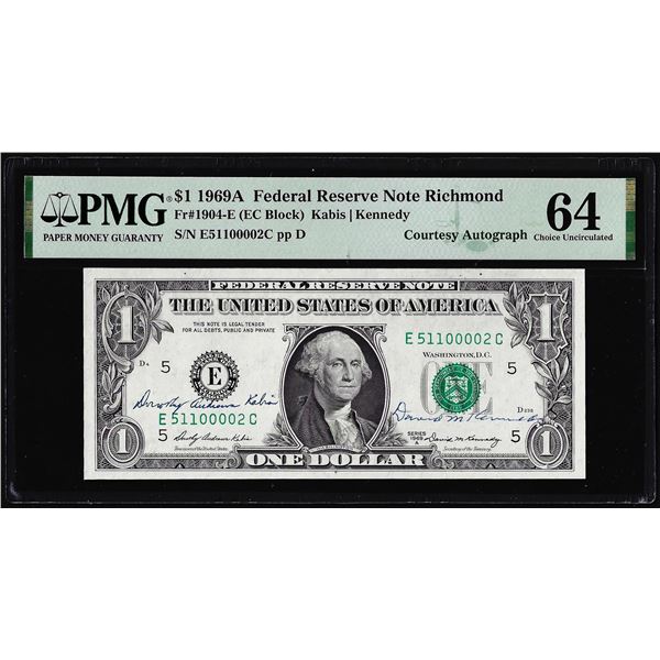 1969A $1 Federal Reserve Note PMG Choice Uncirculated 64 Dual Courtesy Autograph