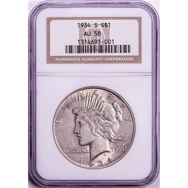 1934-S $1 Peace Silver Dollar Coin NGC AU58