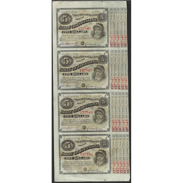 Uncut Sheet of (4) State of Louisiana Baby Bond Obsolete Notes
