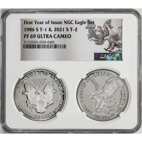 1986-S & 2021-S First Year of Issue Proof Silver Eagle Set NGC PF69 Ultra Cameo