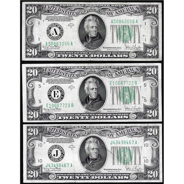 Lot of (3) 1934D $20 Federal Reserve Notes
