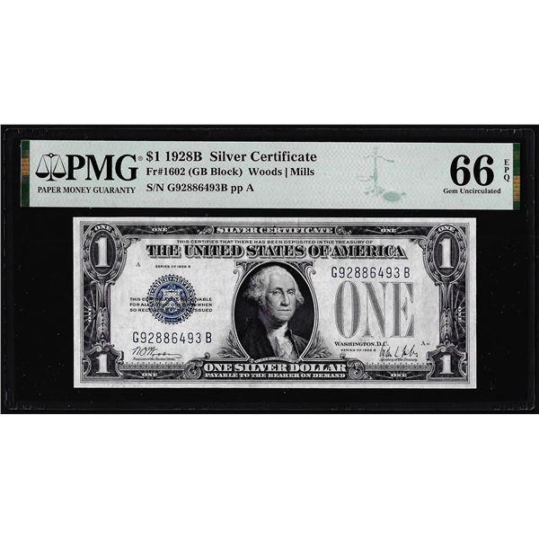 1928B $1 Funnyback Silver Certificate Note Fr.1602 PMG Gem Uncirculated 66EPQ