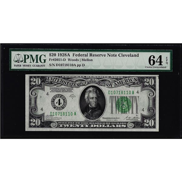 1928A $20 Federal Reserve Note Cleveland Fr.2051-D PMG Choice Uncirculated 64EPQ