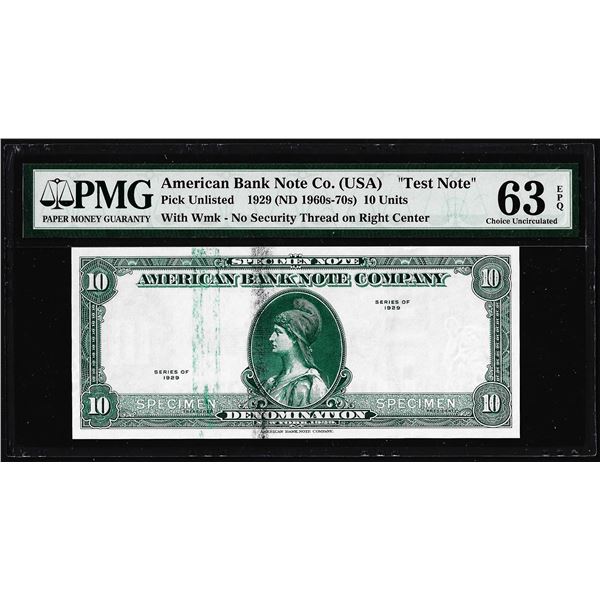 1929 10 Unit American Bank Note Co. "Test Note" PMG Choice Uncirculated 63EPQ