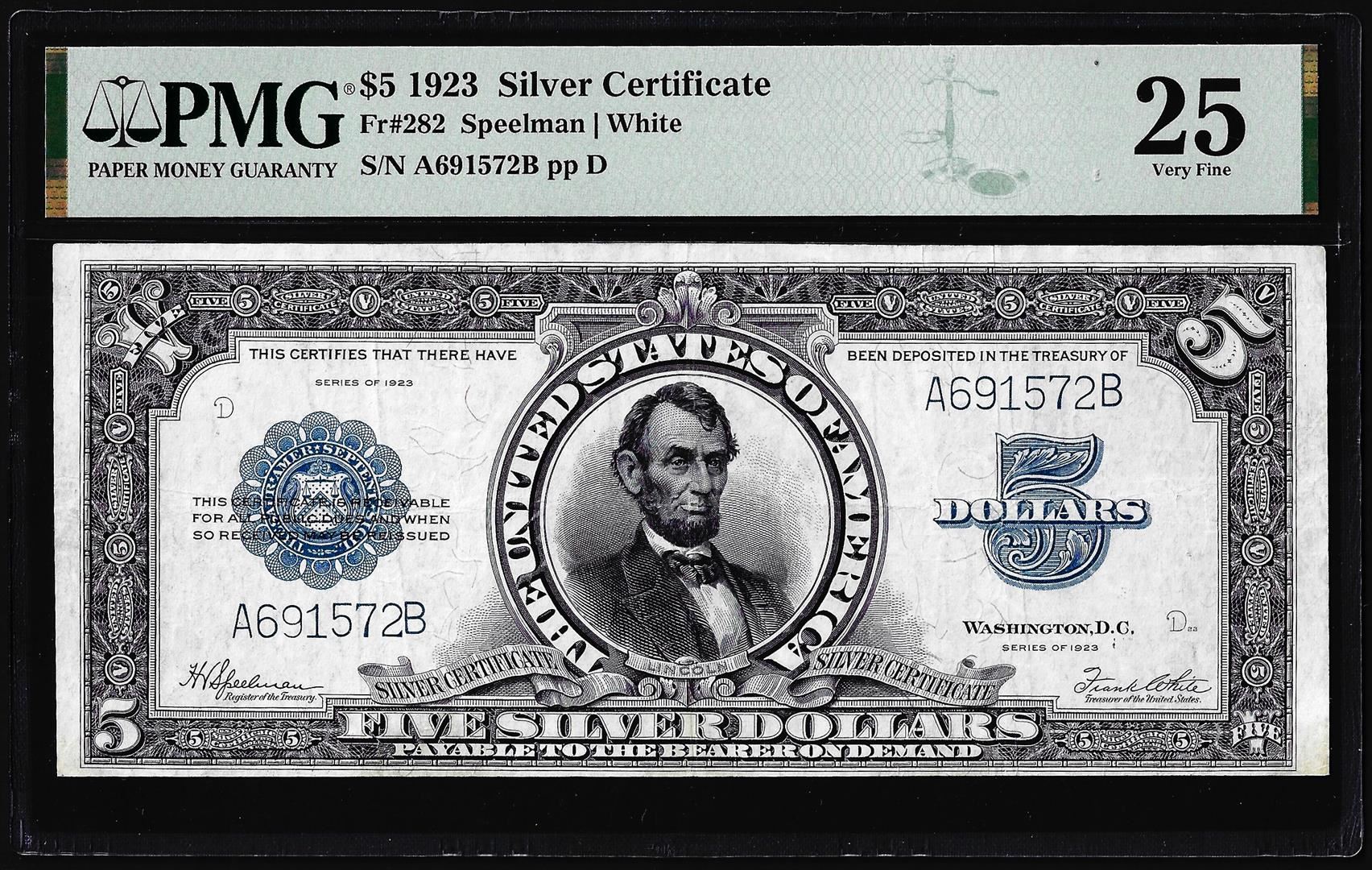 1923 $5 Porthole Silver Certificate Note Fr.282 PMG Very Fine 25