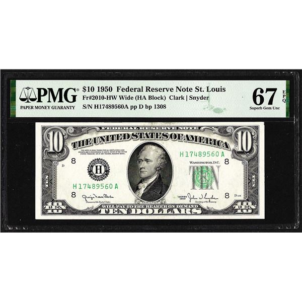 1950 $10 Federal Reserve Note St. Louis Fr.2010-HW PMG Superb Gem Uncirculated 67EPQ