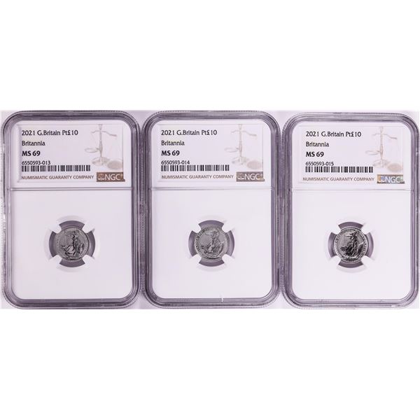 Lot of (3) 2021 Great Britain 10 Pounds Britannia 1/10oz Platinum Coins NGC MS69