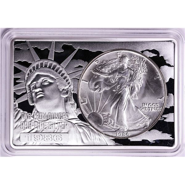 1986 $1 American Silver Eagle Coin & 2oz Silver Bar Set