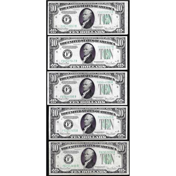 Lot of (5) 1934D $10 Federal Reserve Notes Atlanta