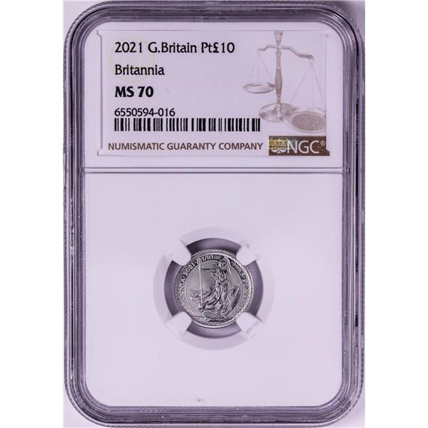 2021 Great Britain 10 Pounds Britannia 1/10oz Platinum Coin NGC MS70