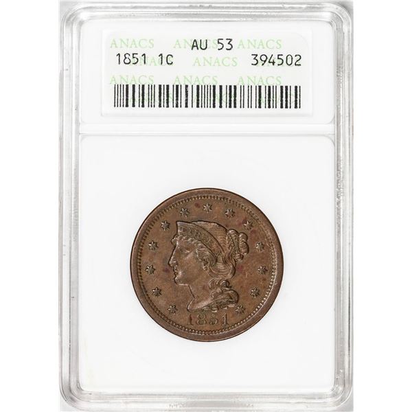 1851 Coronet Large Cent Coin ANACS AU53